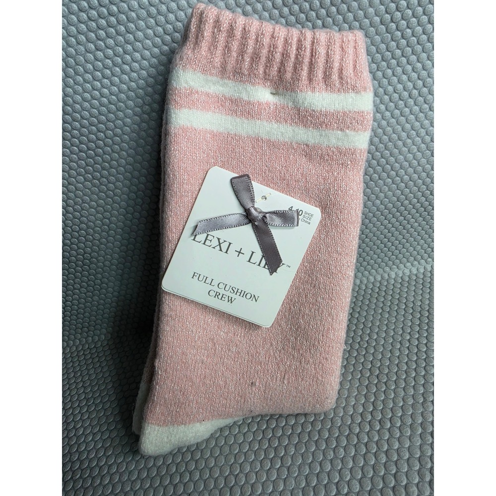 Lexi + Lily Womens Full Cushion Crew Socks Pink White Striped Shoe Size 4-10 NEW